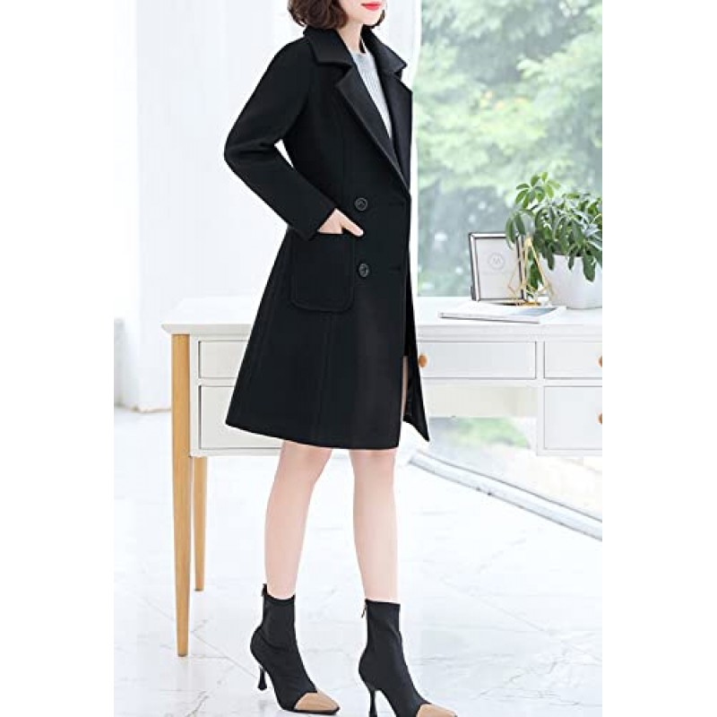 TONCHENGSD 여성용 노치 칼라 더블 브레스트 울 혼방 완두콩 코트 겉옷