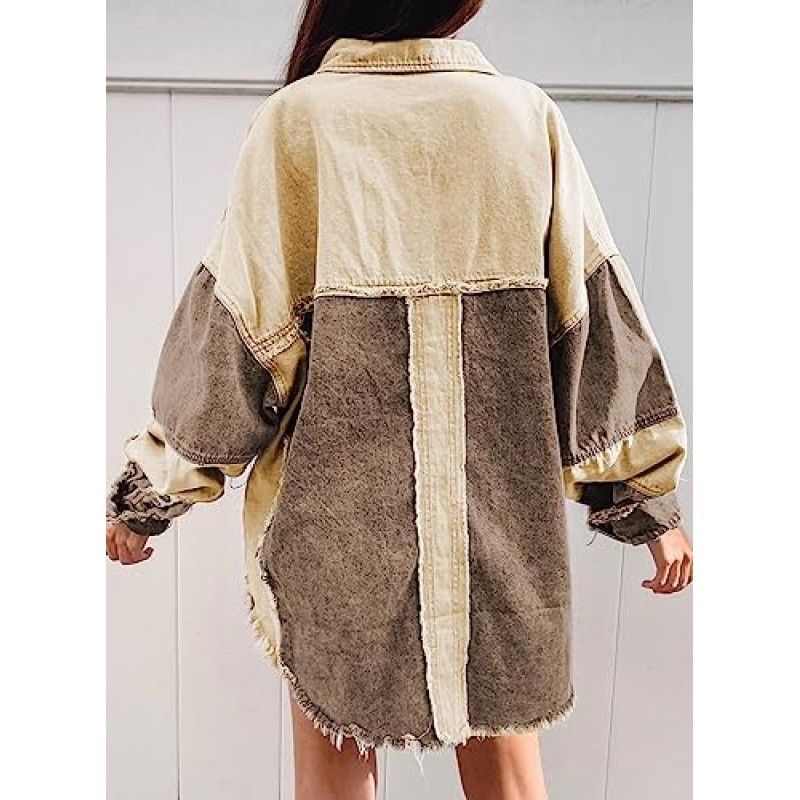 Dokotoo Jean Jacket 여성 오버 사이즈 패치 워크 패션 2023 Shacket Jacket 여성 긴 남자 친구 버튼 다운 셔츠