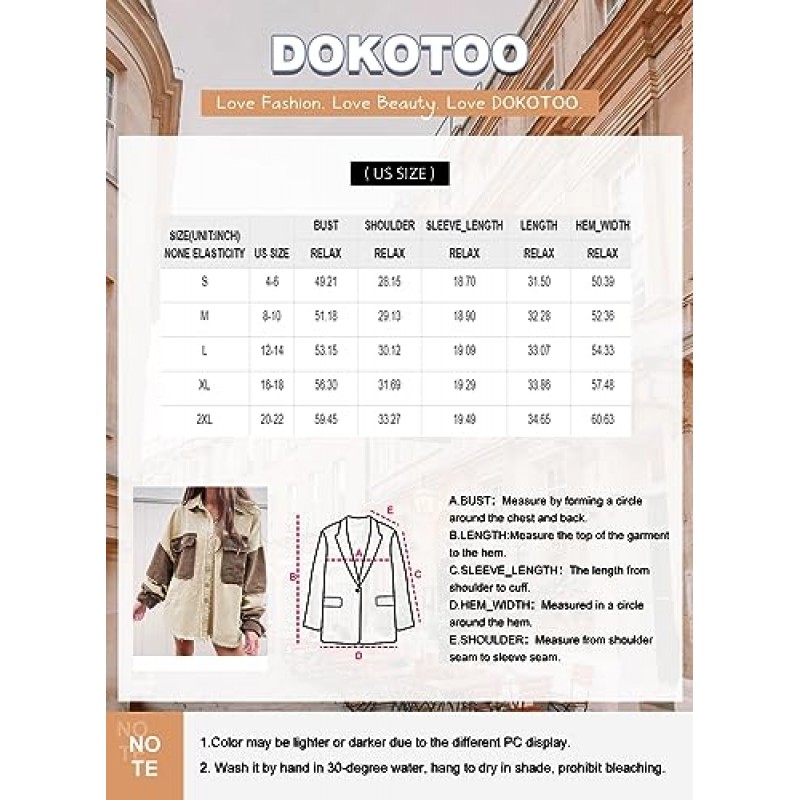 Dokotoo Jean Jacket 여성 오버 사이즈 패치 워크 패션 2023 Shacket Jacket 여성 긴 남자 친구 버튼 다운 셔츠