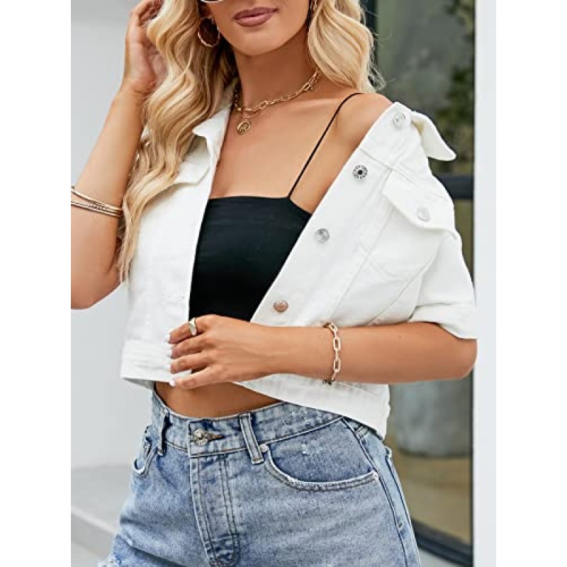Ladyful Womens Cropped Denim Jacket 반소매 버튼 다운 캐주얼 디스트레스드 진 자켓 겉옷