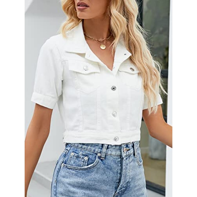 Ladyful Womens Cropped Denim Jacket 반소매 버튼 다운 캐주얼 디스트레스드 진 자켓 겉옷