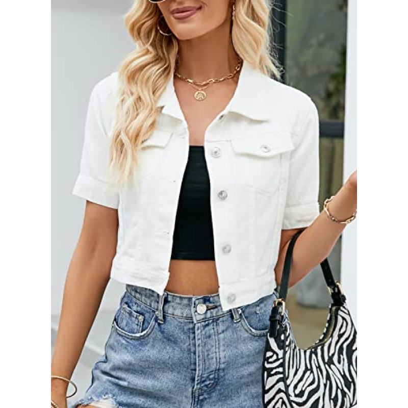 Ladyful Womens Cropped Denim Jacket 반소매 버튼 다운 캐주얼 디스트레스드 진 자켓 겉옷