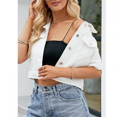 Ladyful Womens Cropped Denim Jacket 반소매 버튼 다운 캐주얼 디스트레스드 진 자켓 겉옷