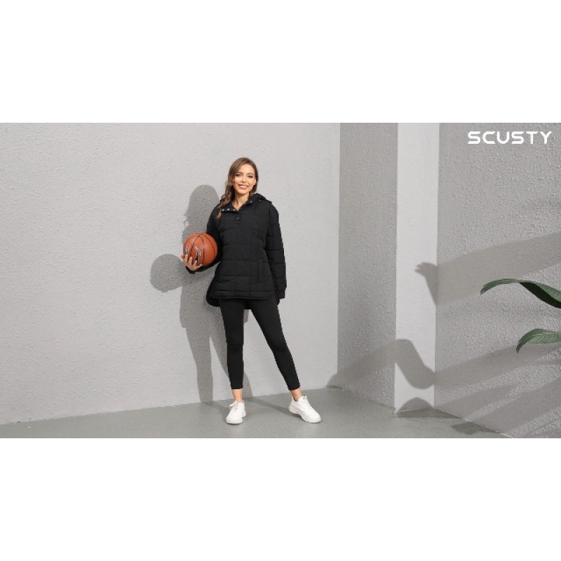 SCUSTY 여성용 오버사이즈 풀오버 퍼퍼 자켓 긴 소매 퀼트 후드 겨울 코트 겉옷