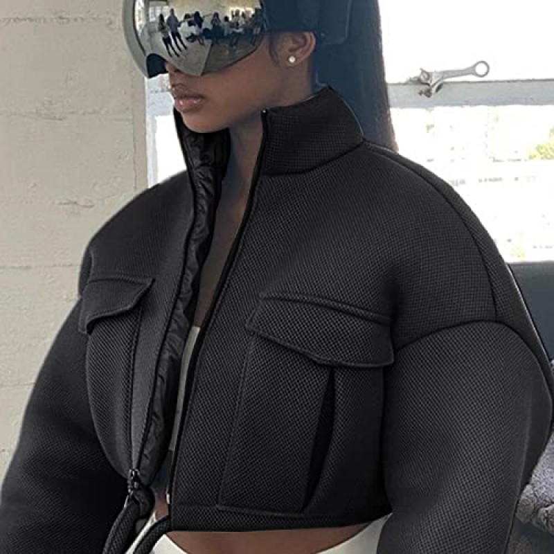 Arssm Womens Full Zip Cropped Jacket 스탠드 칼라 긴 소매 섹시한 경량 탑 짧은 캐주얼 폭격기 코트 겉옷