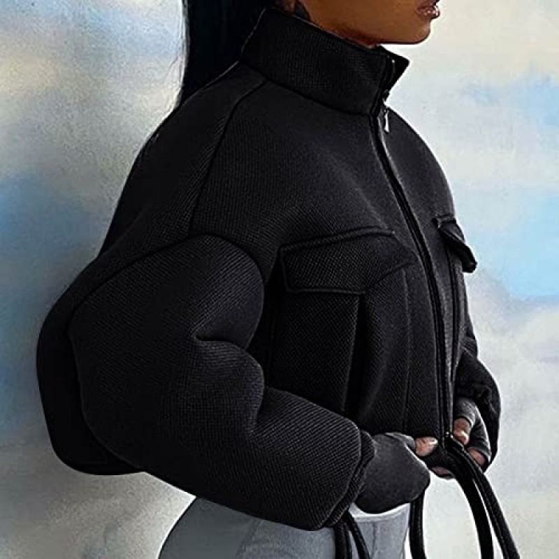 Arssm Womens Full Zip Cropped Jacket 스탠드 칼라 긴 소매 섹시한 경량 탑 짧은 캐주얼 폭격기 코트 겉옷