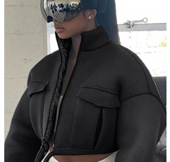 Arssm Womens Full Zip Cropped Jacket 스탠드 칼라 긴 소매 섹시한 경량 탑 짧은 캐주얼 폭격기 코트 겉옷