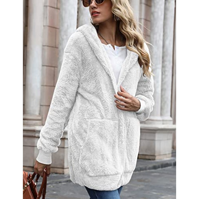 Fasumava Womens 퍼지 플리스 재킷 솔리드 오픈 프론트 후드 가디건 코트 포켓이 있는 아웃웨어