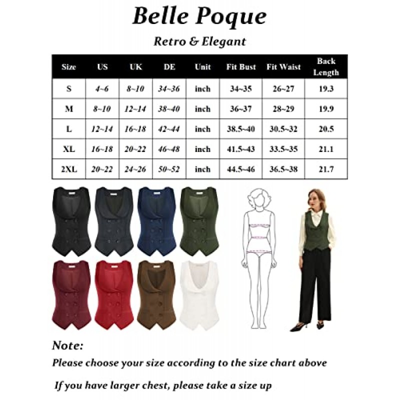 Belle Poque 여성 더블 브레스트 양복 조끼 빈티지 옷깃 칼라 조끼 코트 (2 개의 주머니 포함)