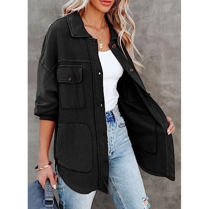 EVALESS Shacket Jacket 여성 캐주얼 긴팔 옷깃 버튼 다운 셔츠 가을 2023 포켓이있는 경량 솔리드 탑 코트