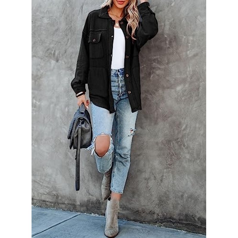 EVALESS Shacket Jacket 여성 캐주얼 긴팔 옷깃 버튼 다운 셔츠 가을 2023 포켓이있는 경량 솔리드 탑 코트