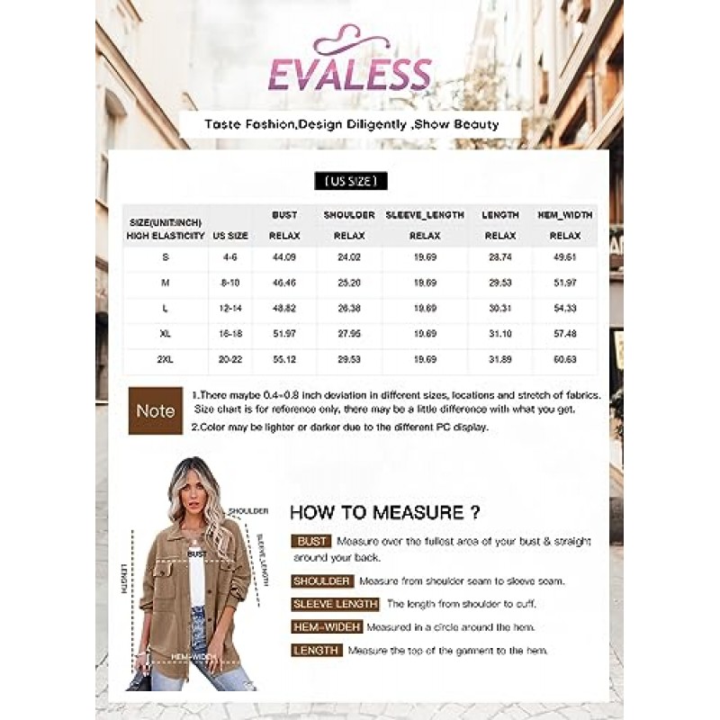 EVALESS Shacket Jacket 여성 캐주얼 긴팔 옷깃 버튼 다운 셔츠 가을 2023 포켓이있는 경량 솔리드 탑 코트