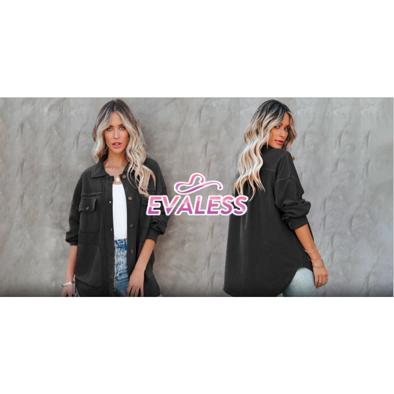 EVALESS Shacket Jacket 여성 캐주얼 긴팔 옷깃 버튼 다운 셔츠 가을 2023 포켓이있는 경량 솔리드 탑 코트