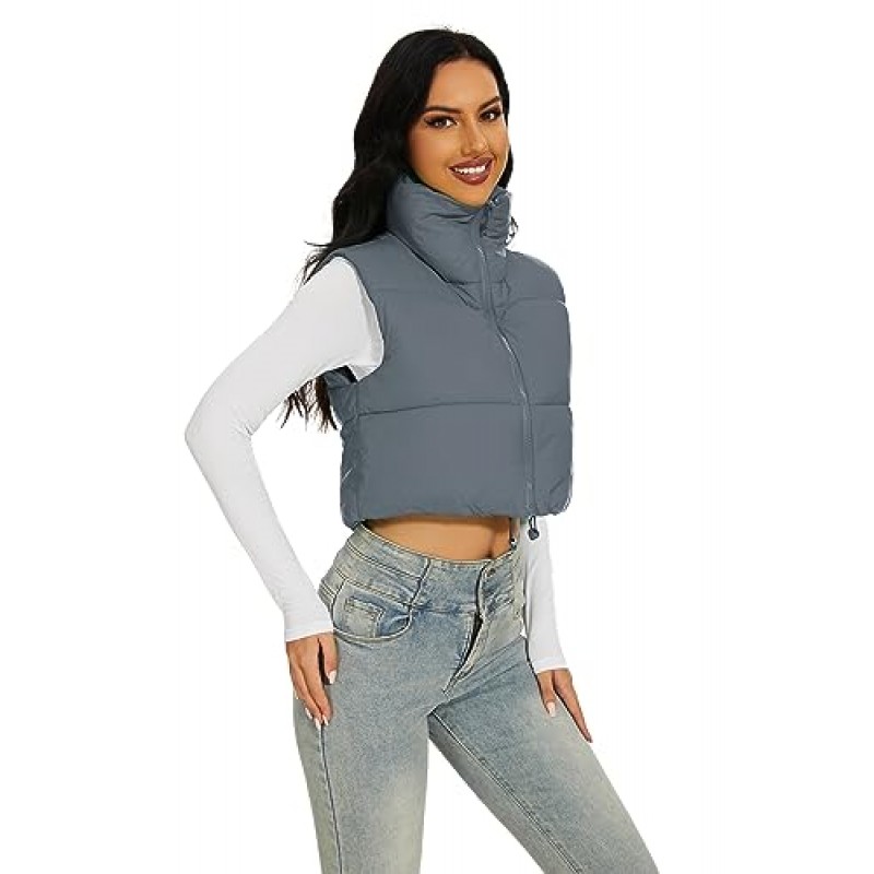 Jeovuanun Womens Cropped Puffer Vest 스탠드 칼라 지퍼 업 경량 겨울 푹신한 자켓 조끼 겉옷