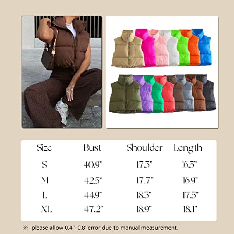Jeovuanun Womens Cropped Puffer Vest 스탠드 칼라 지퍼 업 경량 겨울 푹신한 자켓 조끼 겉옷