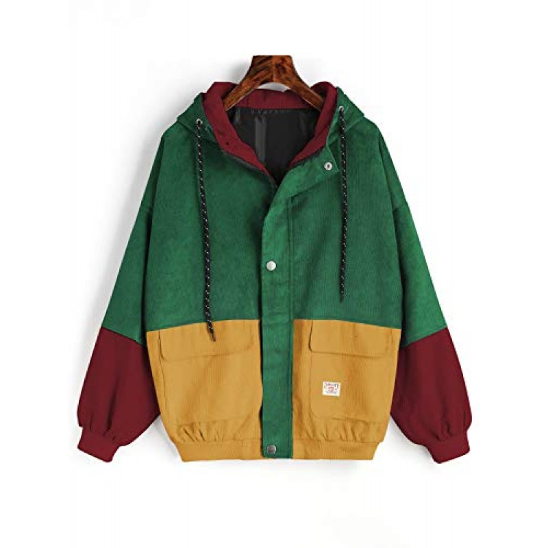 ZAFUL 여성용 코듀로이 루즈 후드 자켓 빈티지 컬러 블로킹 라글란 슬리브 캐주얼 코트 윈드 브레이커