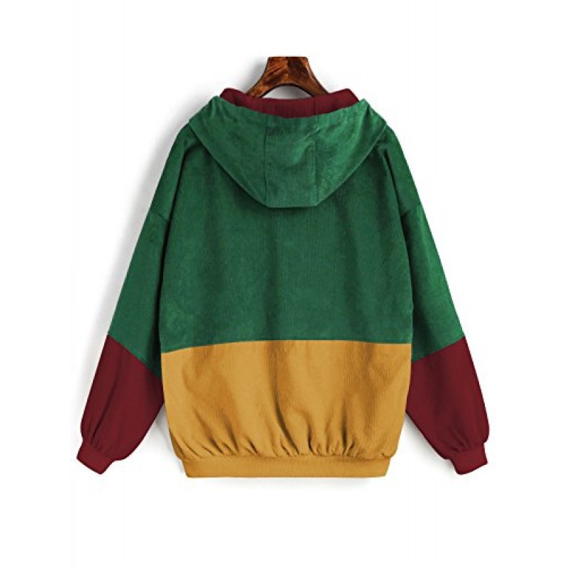 ZAFUL 여성용 코듀로이 루즈 후드 자켓 빈티지 컬러 블로킹 라글란 슬리브 캐주얼 코트 윈드 브레이커