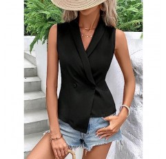 WDIRARA 여성용 숄 칼라 더블 브레스트 민소매 우아한 블레이저 사무복 조끼 자켓