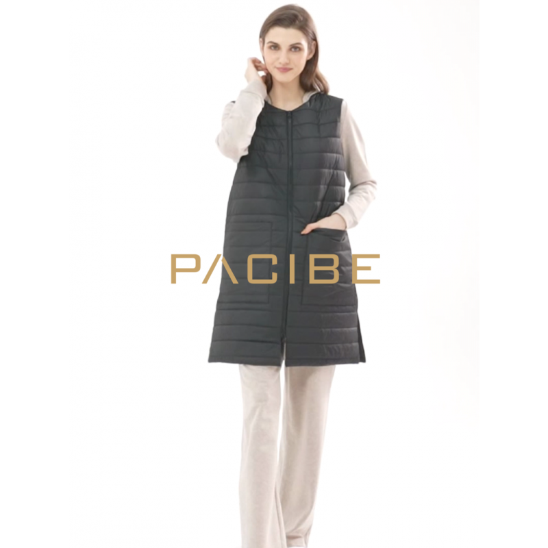 PACIBE 여성 롱 퍼퍼 조끼 다운 퀼트 경량 민소매 자켓(포켓 포함)