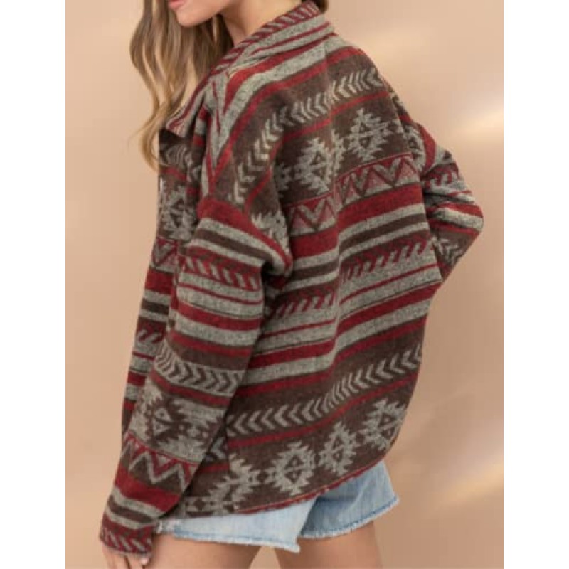 Bellesumyee 여성 빈티지 Boho 아즈텍 에스닉 기하학 프린트 자켓 샤켓 긴 소매 옷깃 버튼 다운 트럭 코트 탑