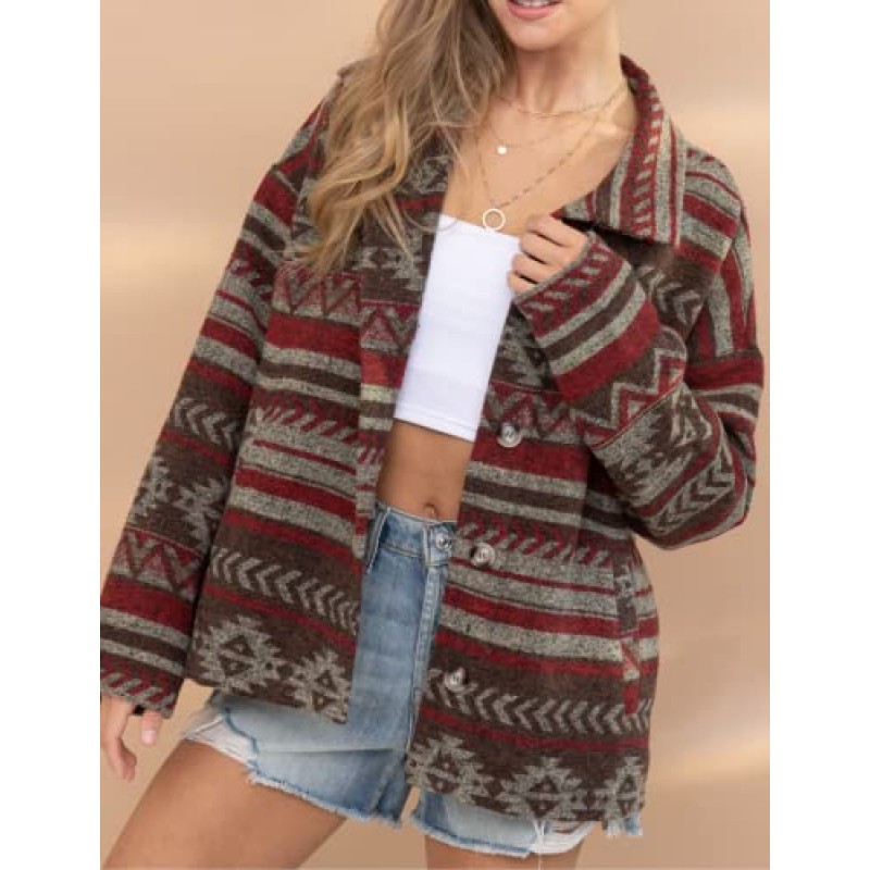 Bellesumyee 여성 빈티지 Boho 아즈텍 에스닉 기하학 프린트 자켓 샤켓 긴 소매 옷깃 버튼 다운 트럭 코트 탑