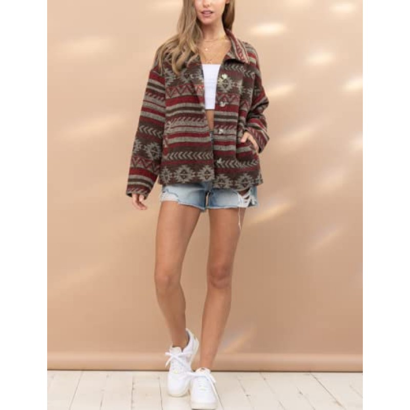 Bellesumyee 여성 빈티지 Boho 아즈텍 에스닉 기하학 프린트 자켓 샤켓 긴 소매 옷깃 버튼 다운 트럭 코트 탑