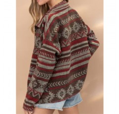 Bellesumyee 여성 빈티지 Boho 아즈텍 에스닉 기하학 프린트 자켓 샤켓 긴 소매 옷깃 버튼 다운 트럭 코트 탑