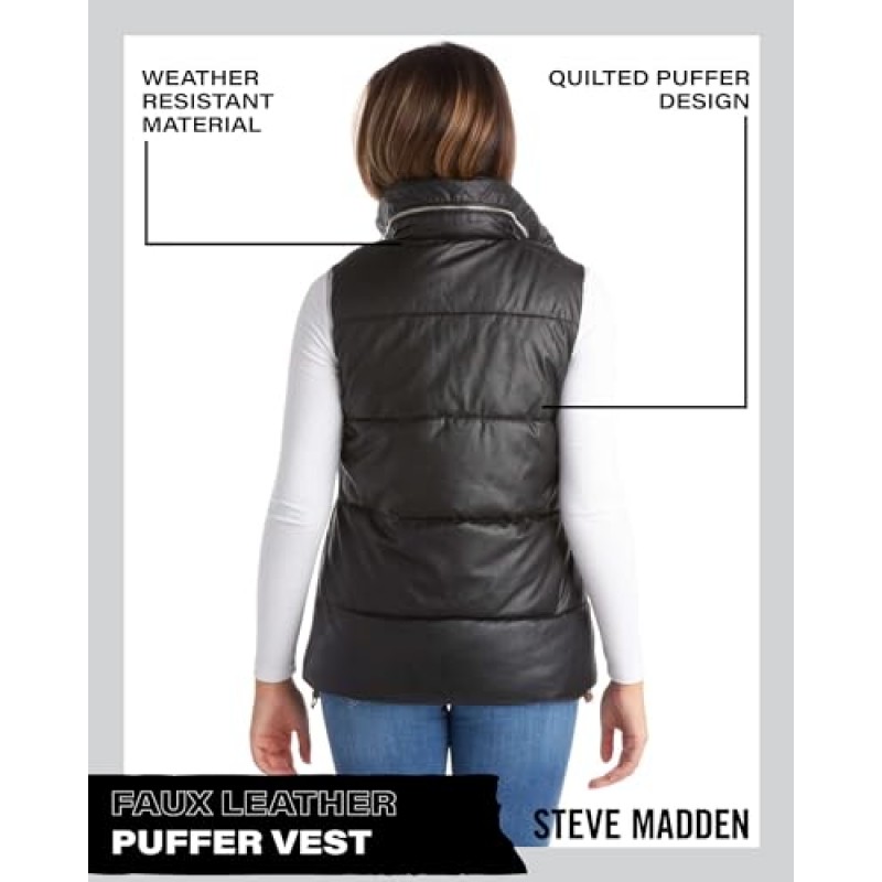 Steve Madden 여성용 조끼 – 여성용 인조 가죽 퀼팅 겨울 조끼 – 민소매 퍼퍼 재킷(S-XL)