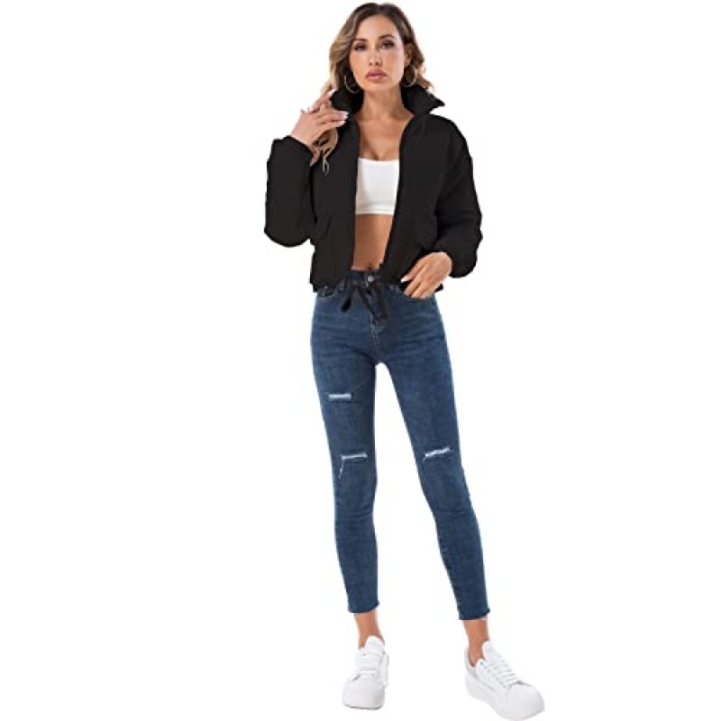 Hujoin Womens Cropped Quilted Puffer Jacket 스탠드 칼라 긴 소매 경량 아우터 코트 (헐렁한 패치 포켓 포함)