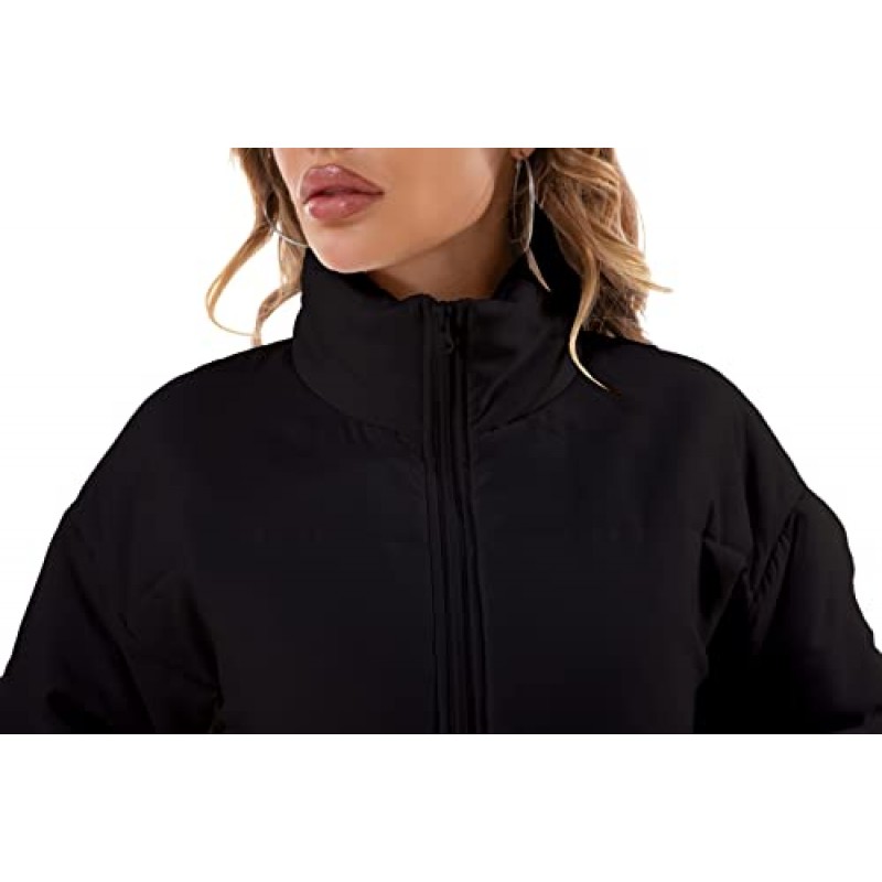 Hujoin Womens Cropped Quilted Puffer Jacket 스탠드 칼라 긴 소매 경량 아우터 코트 (헐렁한 패치 포켓 포함)