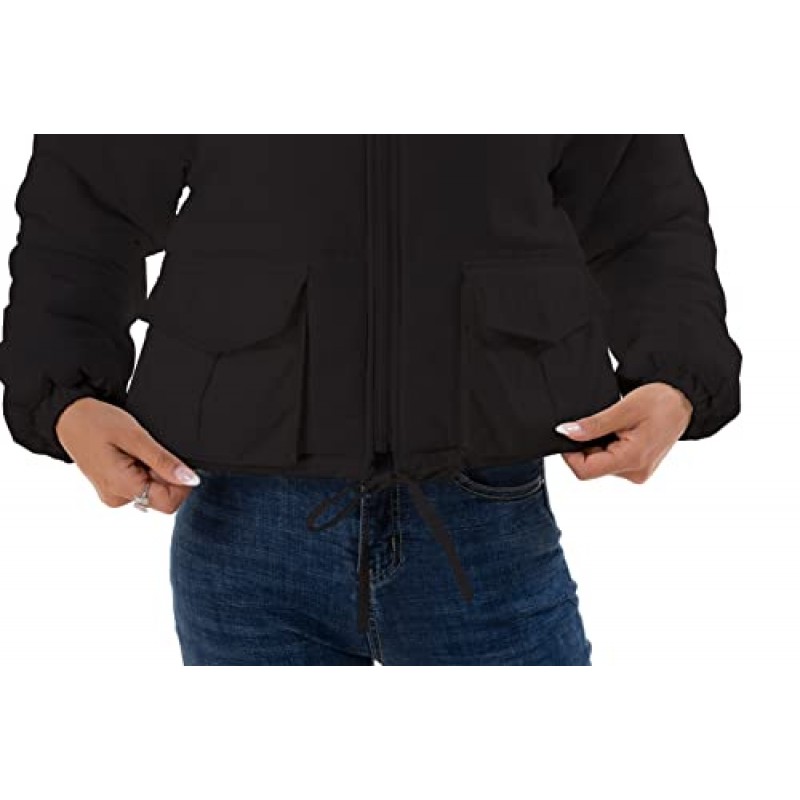 Hujoin Womens Cropped Quilted Puffer Jacket 스탠드 칼라 긴 소매 경량 아우터 코트 (헐렁한 패치 포켓 포함)