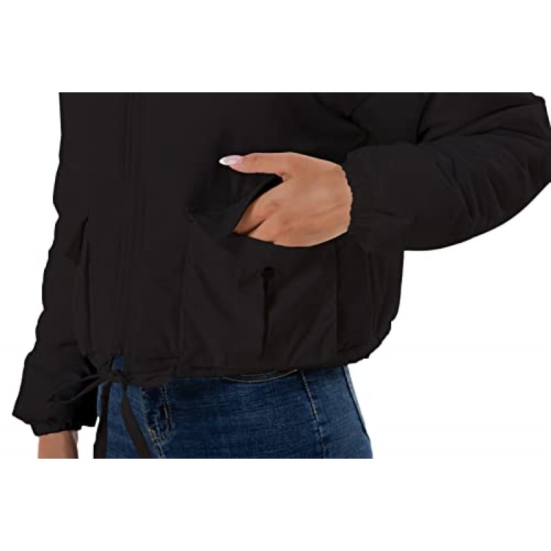 Hujoin Womens Cropped Quilted Puffer Jacket 스탠드 칼라 긴 소매 경량 아우터 코트 (헐렁한 패치 포켓 포함)