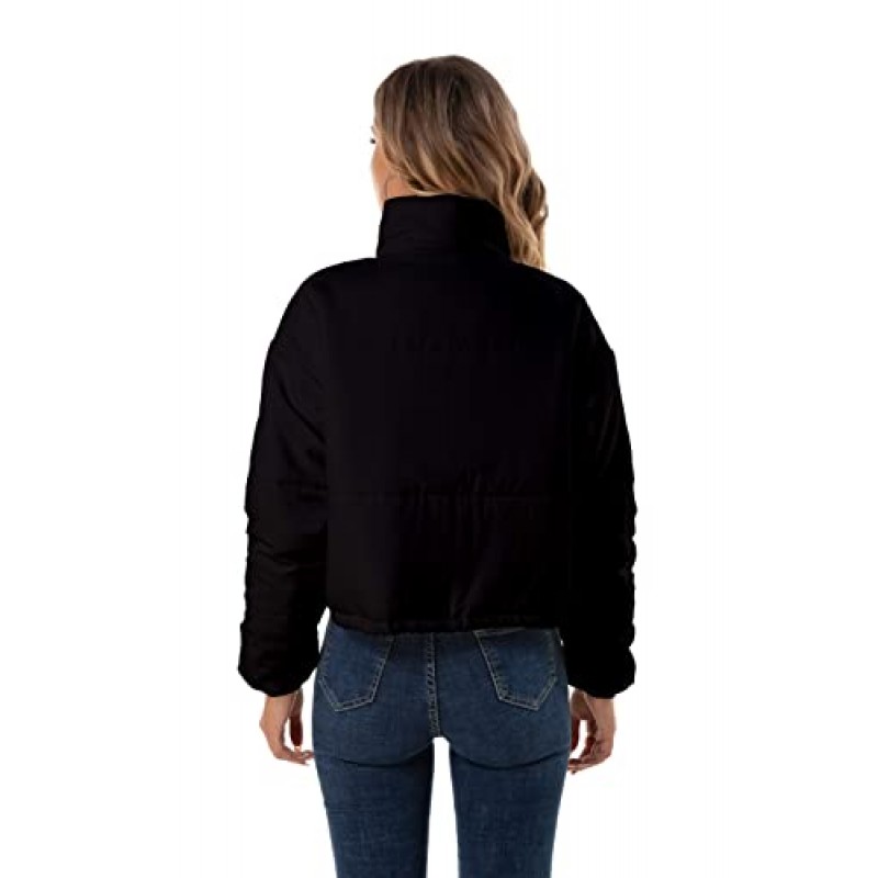 Hujoin Womens Cropped Quilted Puffer Jacket 스탠드 칼라 긴 소매 경량 아우터 코트 (헐렁한 패치 포켓 포함)