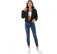 Hujoin Womens Cropped Quilted Puffer Jacket 스탠드 칼라 긴 소매 경량 아우터 코트 (헐렁한 패치 포켓 포함)