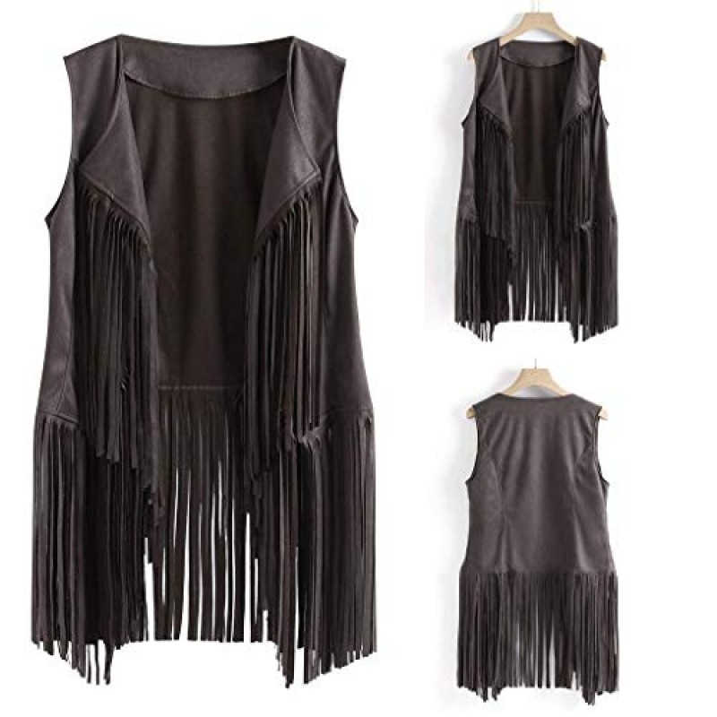 Gsvyes 여성 프린지 조끼 가짜 스웨이드 Tassels 60s 70s 히피 의류 오픈 프론트 민소매 겉옷 카디건 여성 자켓