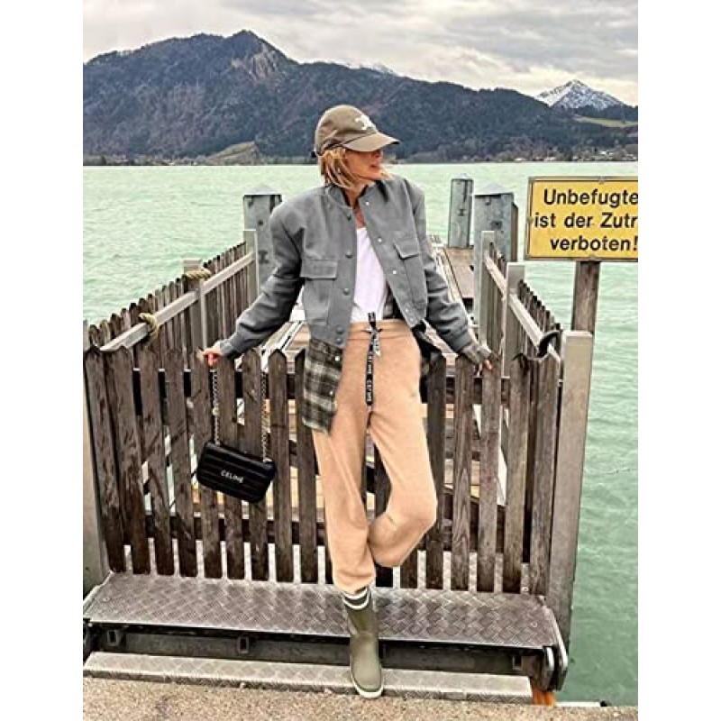 Bienmorn 여성용 자른 폭격기 재킷 캐주얼 스트리트웨어 긴 소매 대표팀 야구 재킷(포켓 포함)1