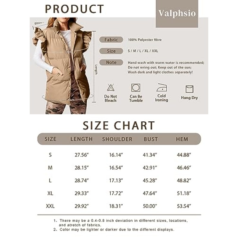 Valphsio 여성용 러플 퍼퍼 조끼 겨울 버튼 다운 패딩 조끼 포켓 포함