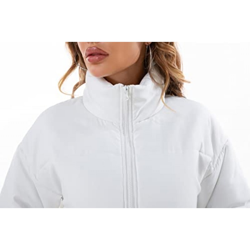 Hujoin Womens Cropped Quilted Puffer Jacket 스탠드 칼라 긴 소매 경량 아우터 코트 (헐렁한 패치 포켓 포함)