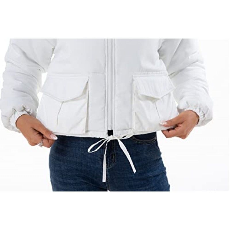 Hujoin Womens Cropped Quilted Puffer Jacket 스탠드 칼라 긴 소매 경량 아우터 코트 (헐렁한 패치 포켓 포함)