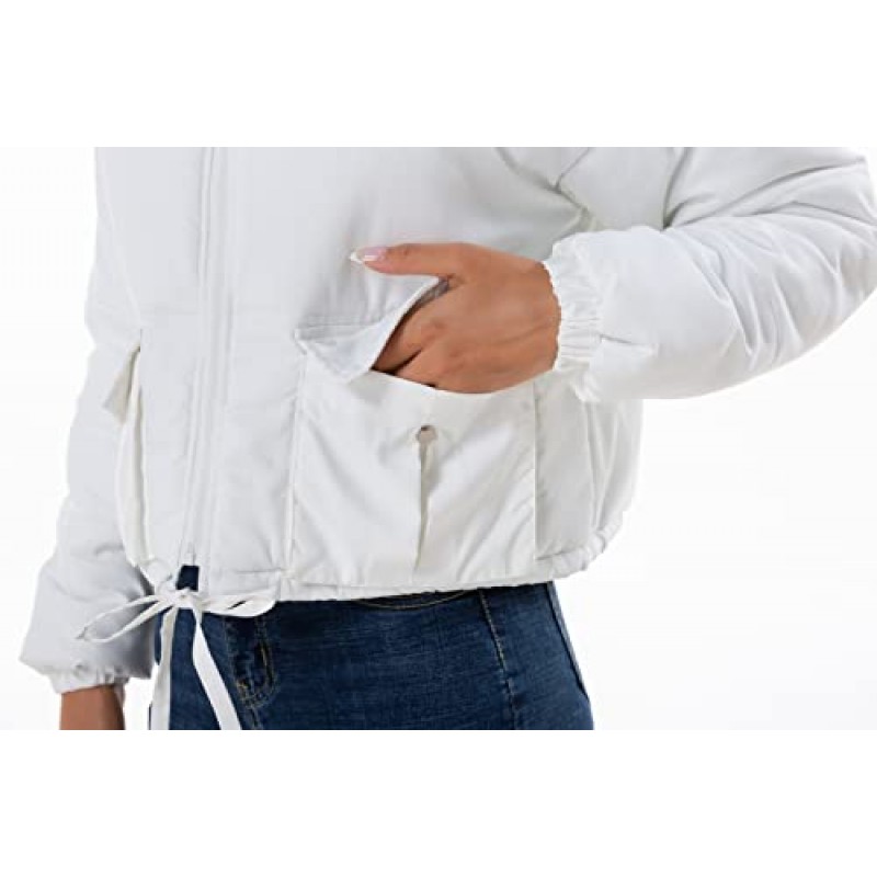 Hujoin Womens Cropped Quilted Puffer Jacket 스탠드 칼라 긴 소매 경량 아우터 코트 (헐렁한 패치 포켓 포함)