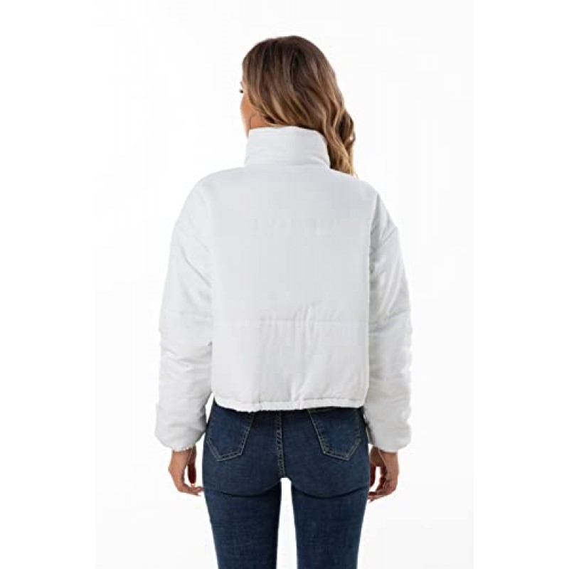 Hujoin Womens Cropped Quilted Puffer Jacket 스탠드 칼라 긴 소매 경량 아우터 코트 (헐렁한 패치 포켓 포함)