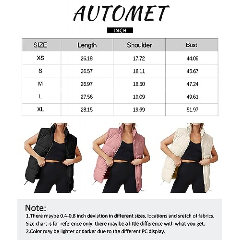 AUTOMET 퍼퍼 조끼 여성 민소매 지퍼 업 겉옷 따뜻한 퍼퍼 경량 다운 포켓 가을 겨울 자켓 코트 2023