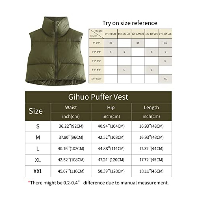 Gihuo Womens Quilted Cropped Puffer Vest Gilet 따뜻한 패딩 풀 지퍼 경량 푹신한 조끼 짧은 민소매 자켓