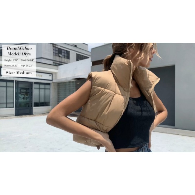 Gihuo Womens Quilted Cropped Puffer Vest Gilet 따뜻한 패딩 풀 지퍼 경량 푹신한 조끼 짧은 민소매 자켓