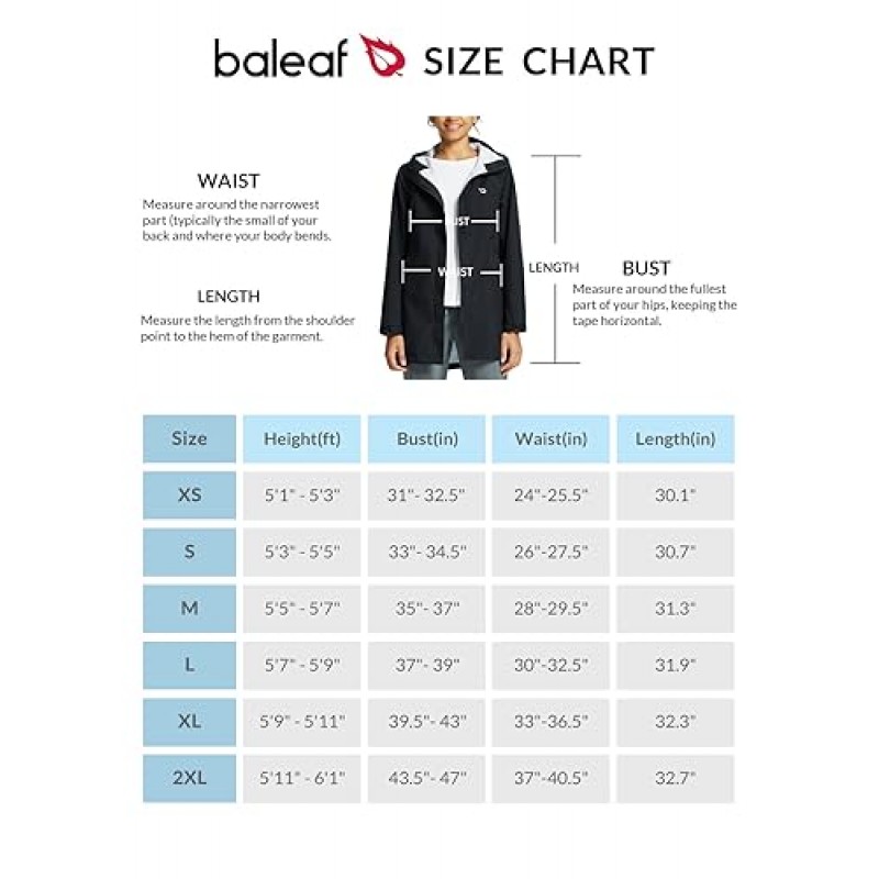BALEAF 여성용 레인 재킷 방수 경량 롱 레인 코트 여행 야외 후드 윈드 브레이커