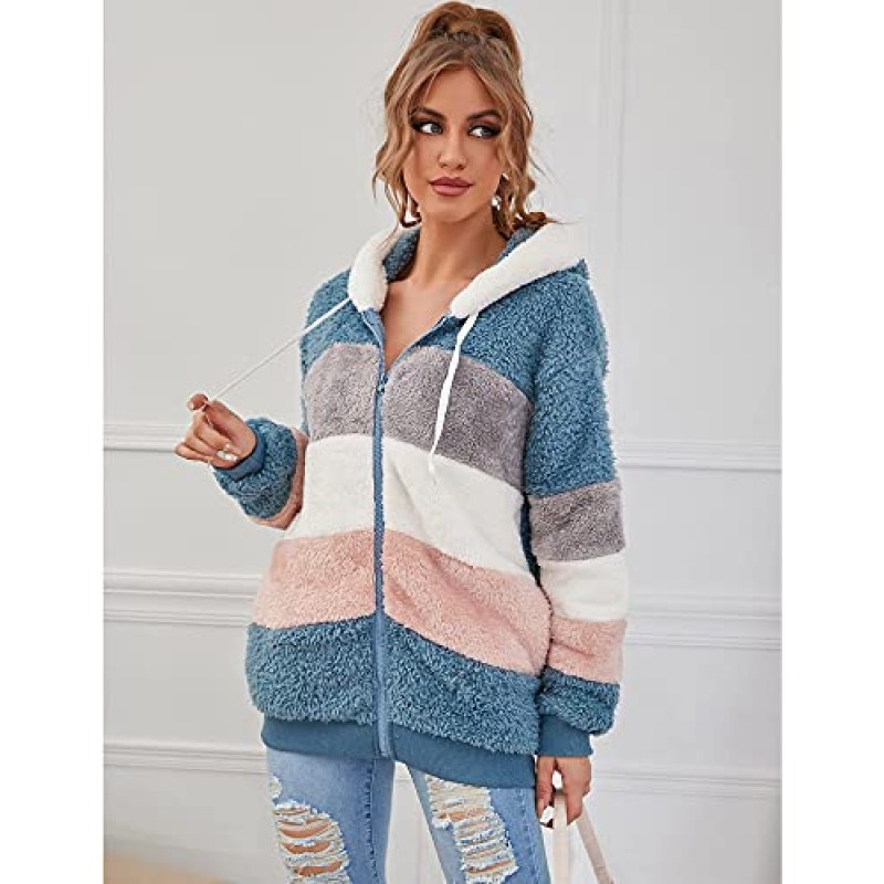 Micoson 여성 패션 컬러 블록 가짜 Shearling 코트 따뜻한 후드 지퍼 업 포켓이있는 퍼지 겨울 자켓