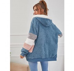 Micoson 여성 패션 컬러 블록 가짜 Shearling 코트 따뜻한 후드 지퍼 업 포켓이있는 퍼지 겨울 자켓