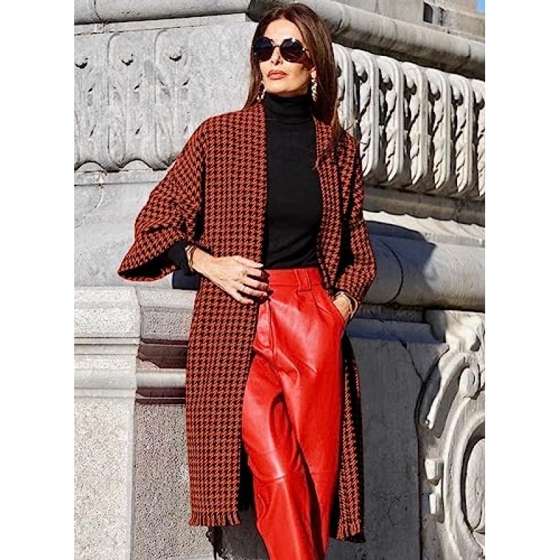 miduo Womens 긴 소매 오픈 프론트 오버 사이즈 피트 Houndstooth 격자 무늬 롱 가디건 코트 재킷 타탄 겉옷