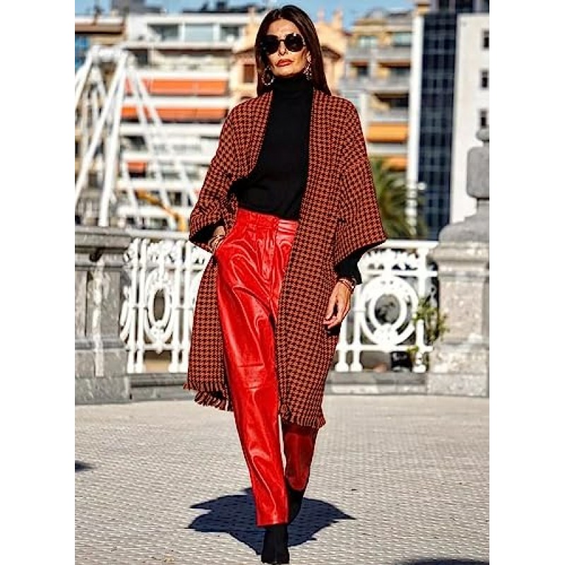 miduo Womens 긴 소매 오픈 프론트 오버 사이즈 피트 Houndstooth 격자 무늬 롱 가디건 코트 재킷 타탄 겉옷