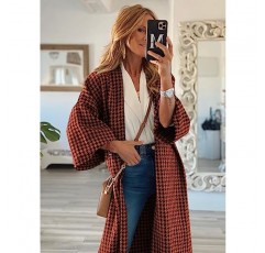 miduo Womens 긴 소매 오픈 프론트 오버 사이즈 피트 Houndstooth 격자 무늬 롱 가디건 코트 재킷 타탄 겉옷